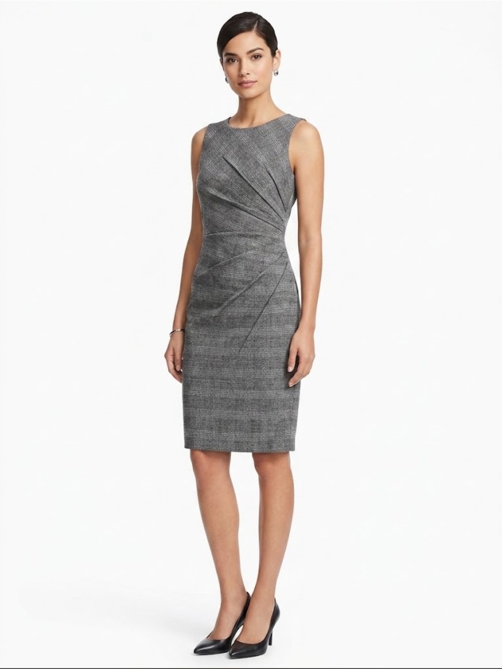 Calvin Klein Gray Plaid Pleated Sleeveless Sheath Dress Size 2